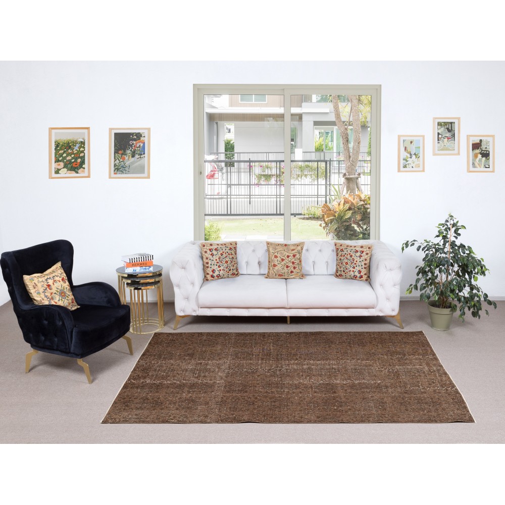 Contemporary Handmade Turkish Wool Area Rug. Vintage Brown Redyed Carpet for Living Room