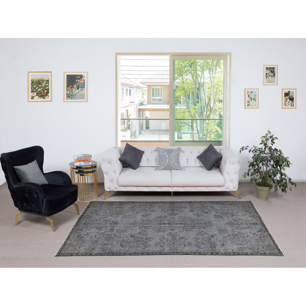 Vintage Wool Area Rug Overdyed in Gray for Modern Interiors. Handmade in Turkey