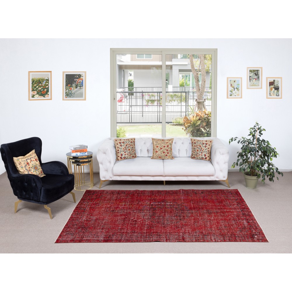 Red Overdyed Vintage Area Rug for Contemporary Interiors, Handwoven and Handknotted in Turkey Red Overdyed Vintage Area Rug for Contemporary Interiors, Handwoven and Handknotted in Turkey