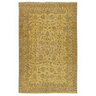 Vintage Handmade Turkish Wool Area Rug Overdyed in Yellow for Contemporary Interiors