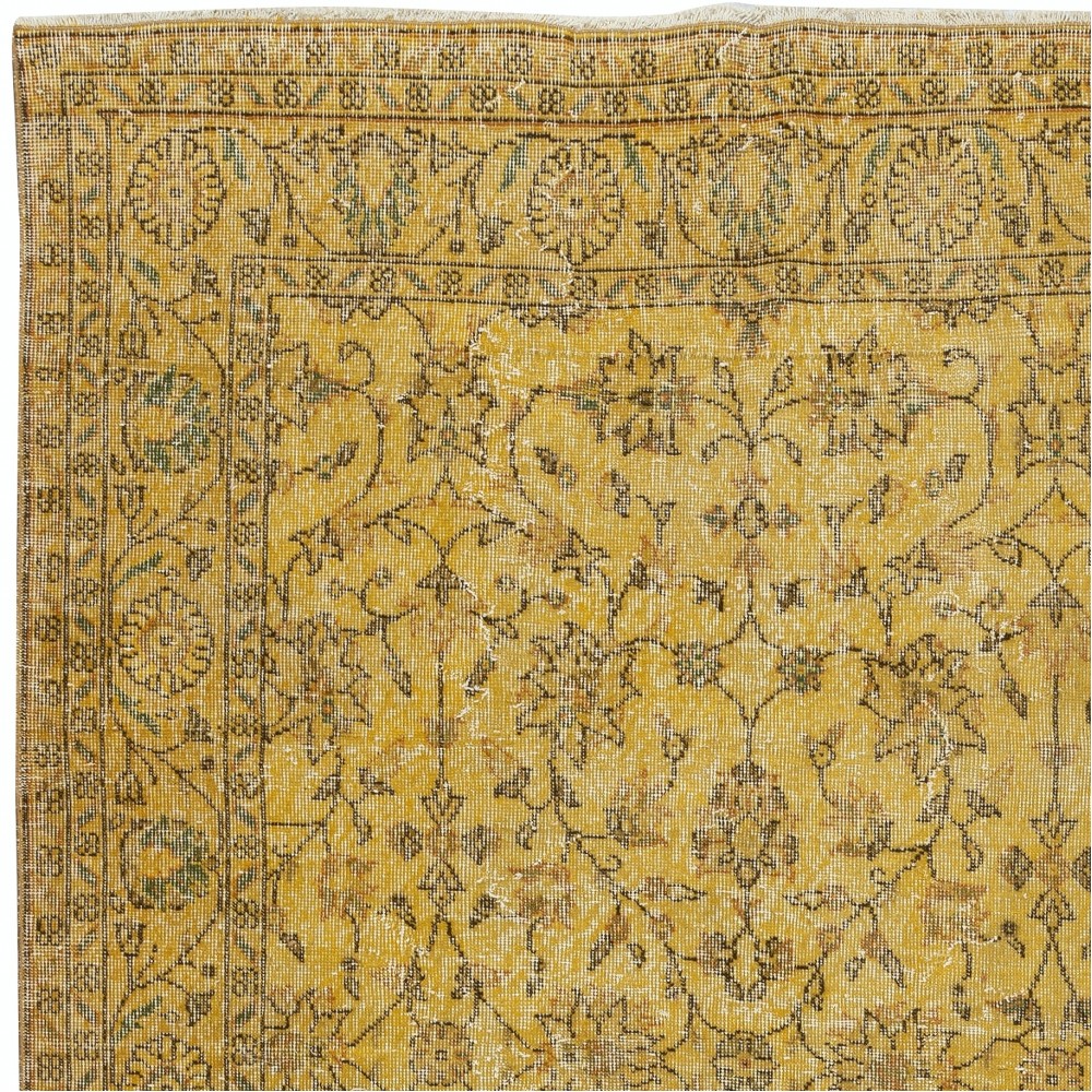 Vintage Handmade Turkish Wool Area Rug Overdyed in Yellow for Contemporary Interiors