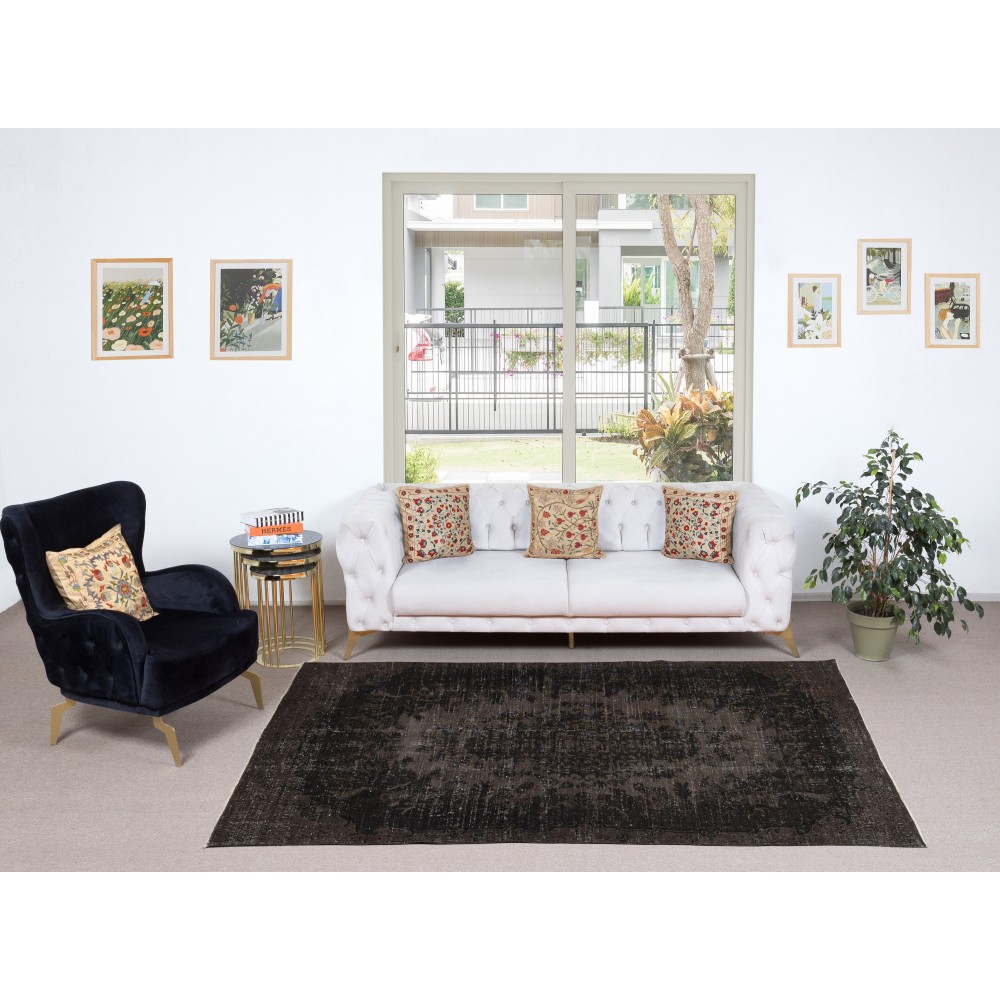 Handmade Turkish Wool Area Rug. Vintage Overdyed Brown Rug for Modern Home