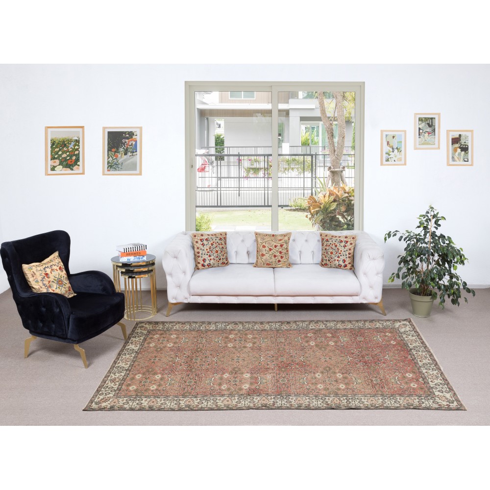Vintage Handmade Turkish Red Wool Area Rug with Floral Pattern for Living Room