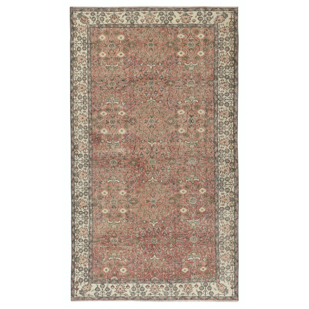 Vintage Handmade Turkish Red Wool Area Rug with Floral Pattern for Living Room