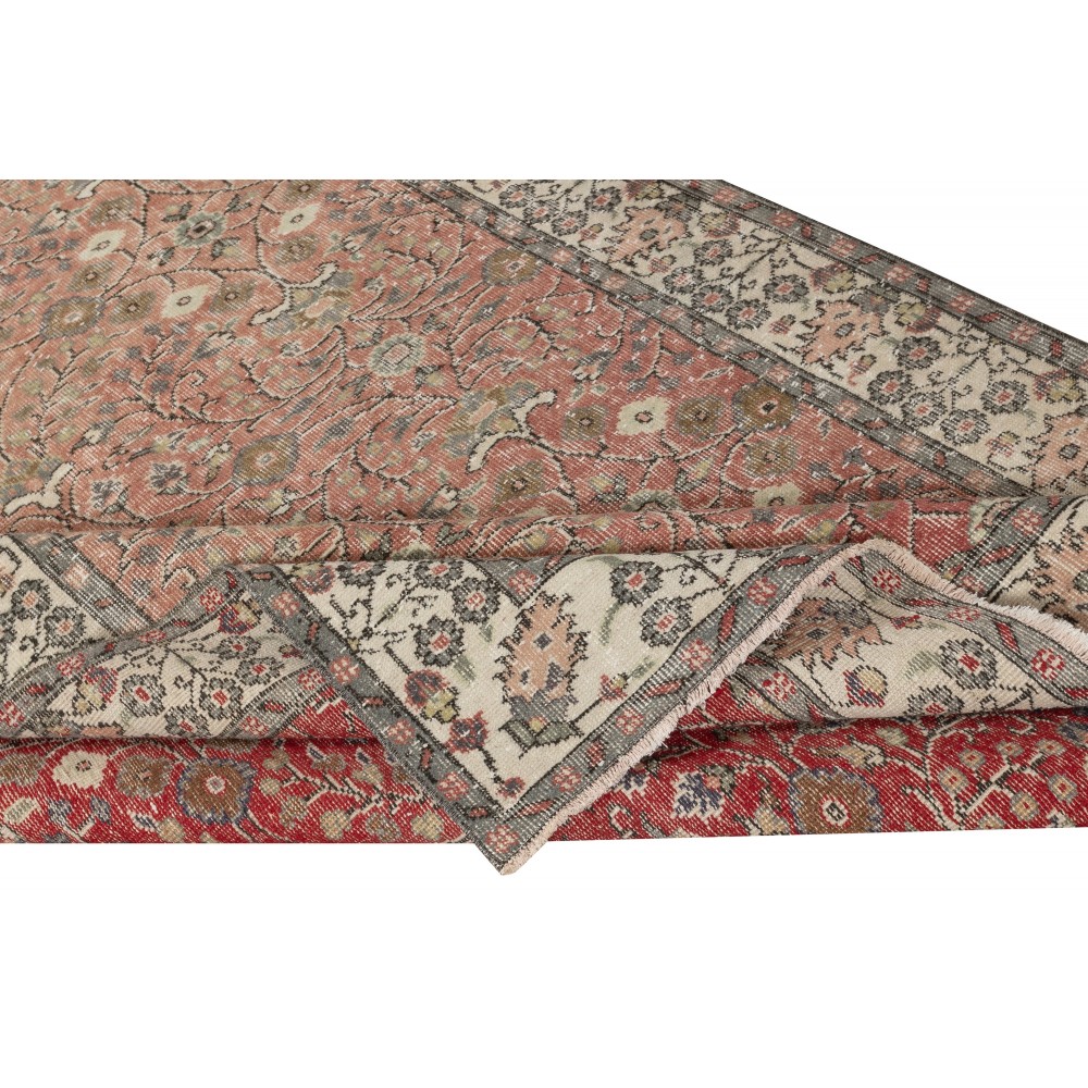 Vintage Handmade Turkish Red Wool Area Rug with Floral Pattern for Living Room