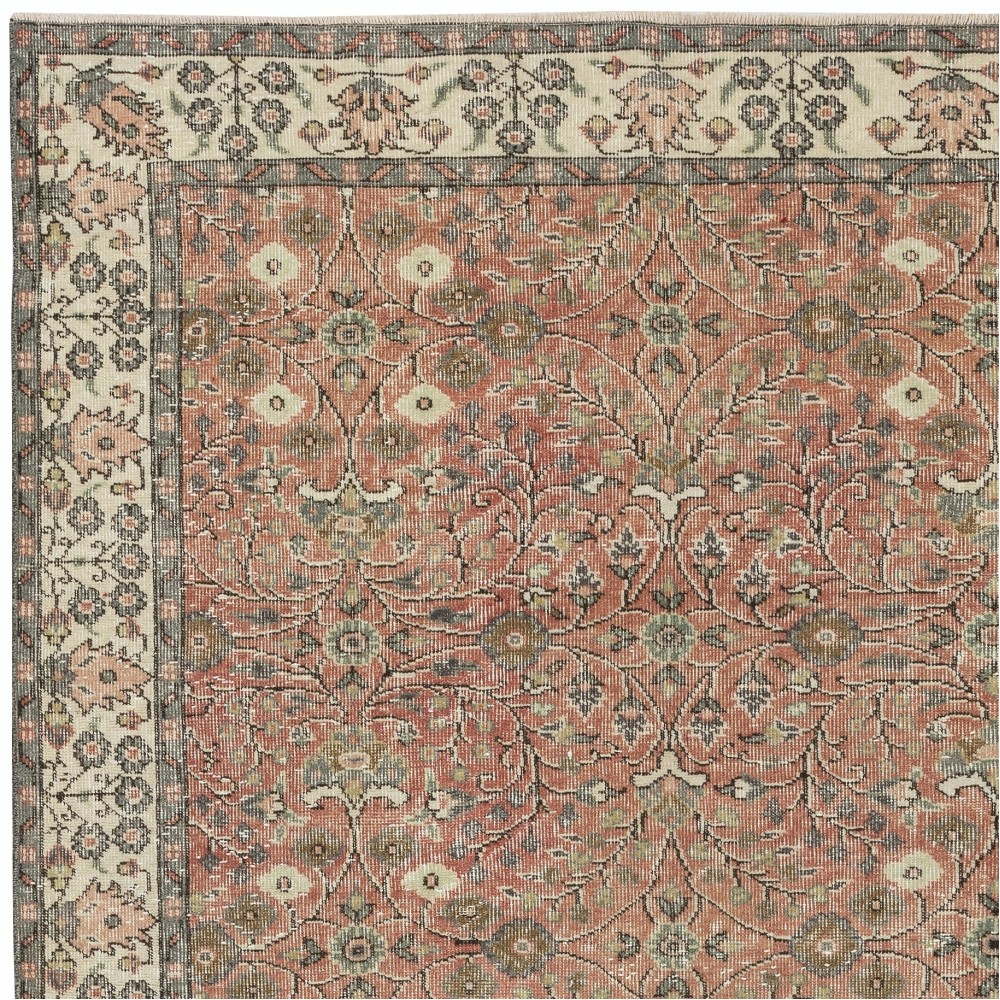 Vintage Handmade Turkish Red Wool Area Rug with Floral Pattern for Living Room