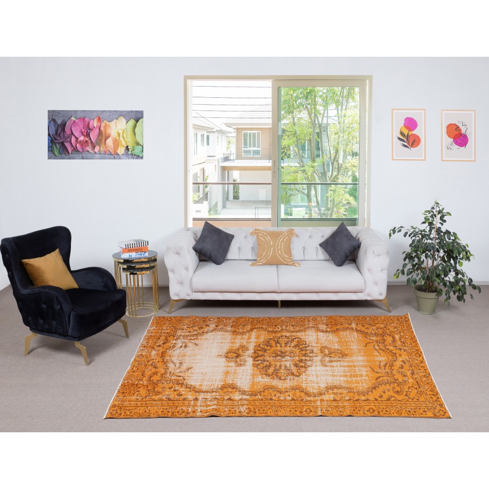 Vintage Orange Wool Area Rug. Handmade Turkish Rug for Contemporary Spaces Vintage Orange Wool Area Rug. Handmade Turkish Rug for Contemporary Spaces
