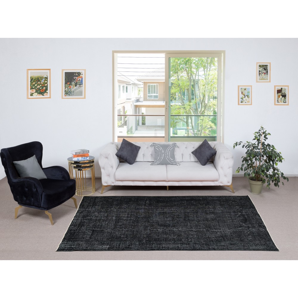 Vintage Handmade Wool Rug. Black Turkish Area Rug for Modern Home and office