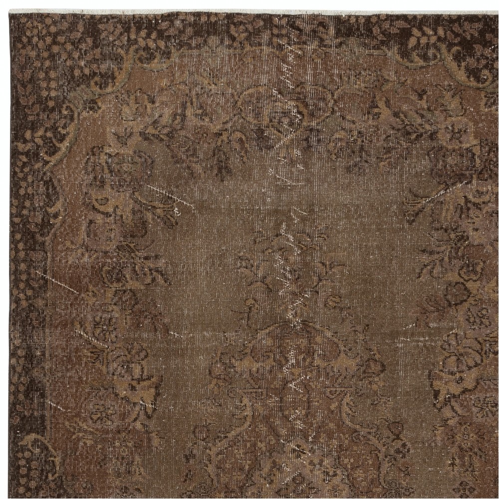 Vintage Wool Area Rug Overdyed in Brown for Modern Interiors. Hand-knotted in Turkey
