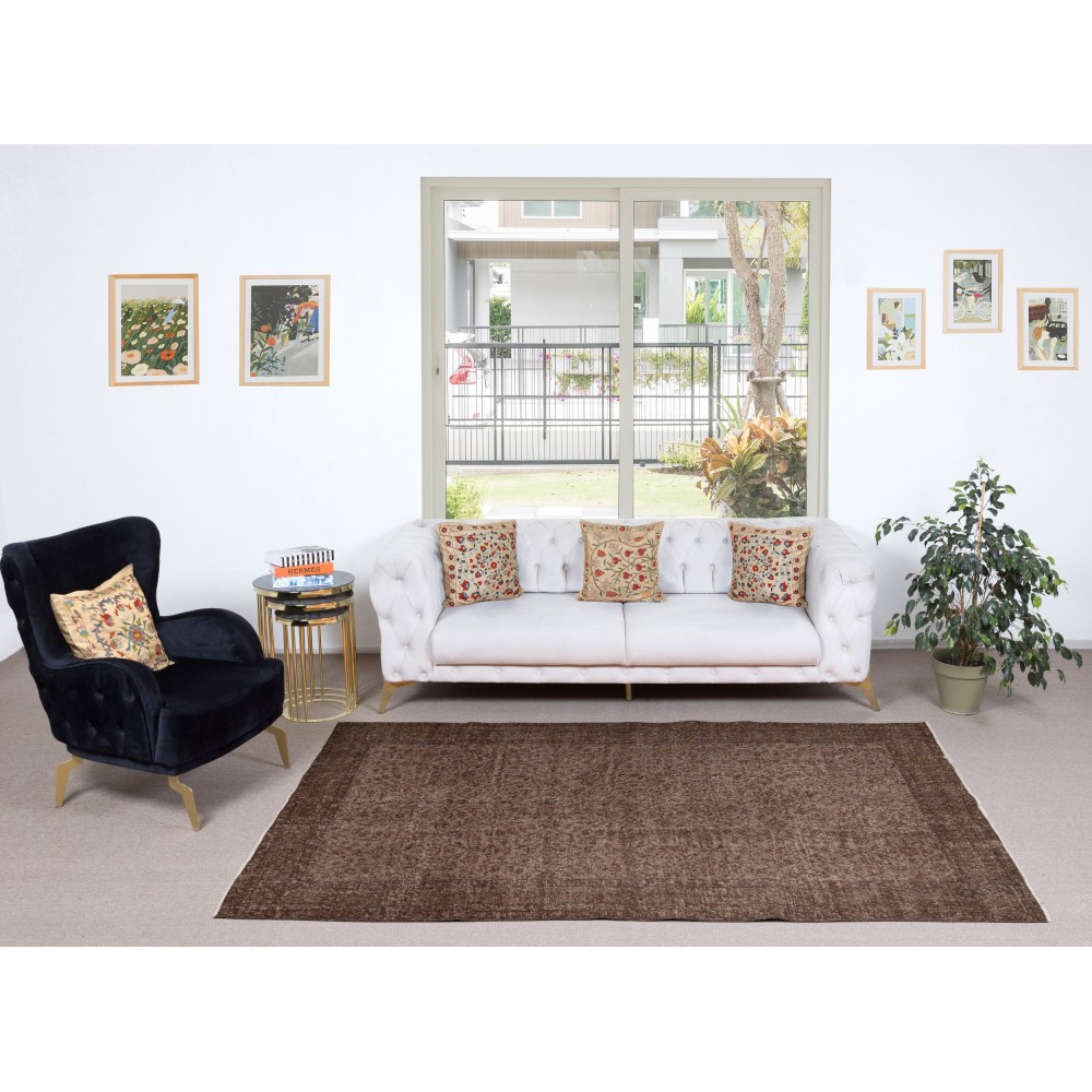 Vintage Handmade Wool Rug. Brown Turkish Area Rug for Modern Home and office