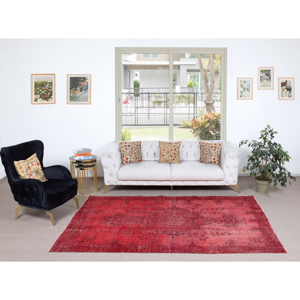 Hand-Knotted Turkish Wool Rug. Vintage Overdyed Red Area Rug for Interiors