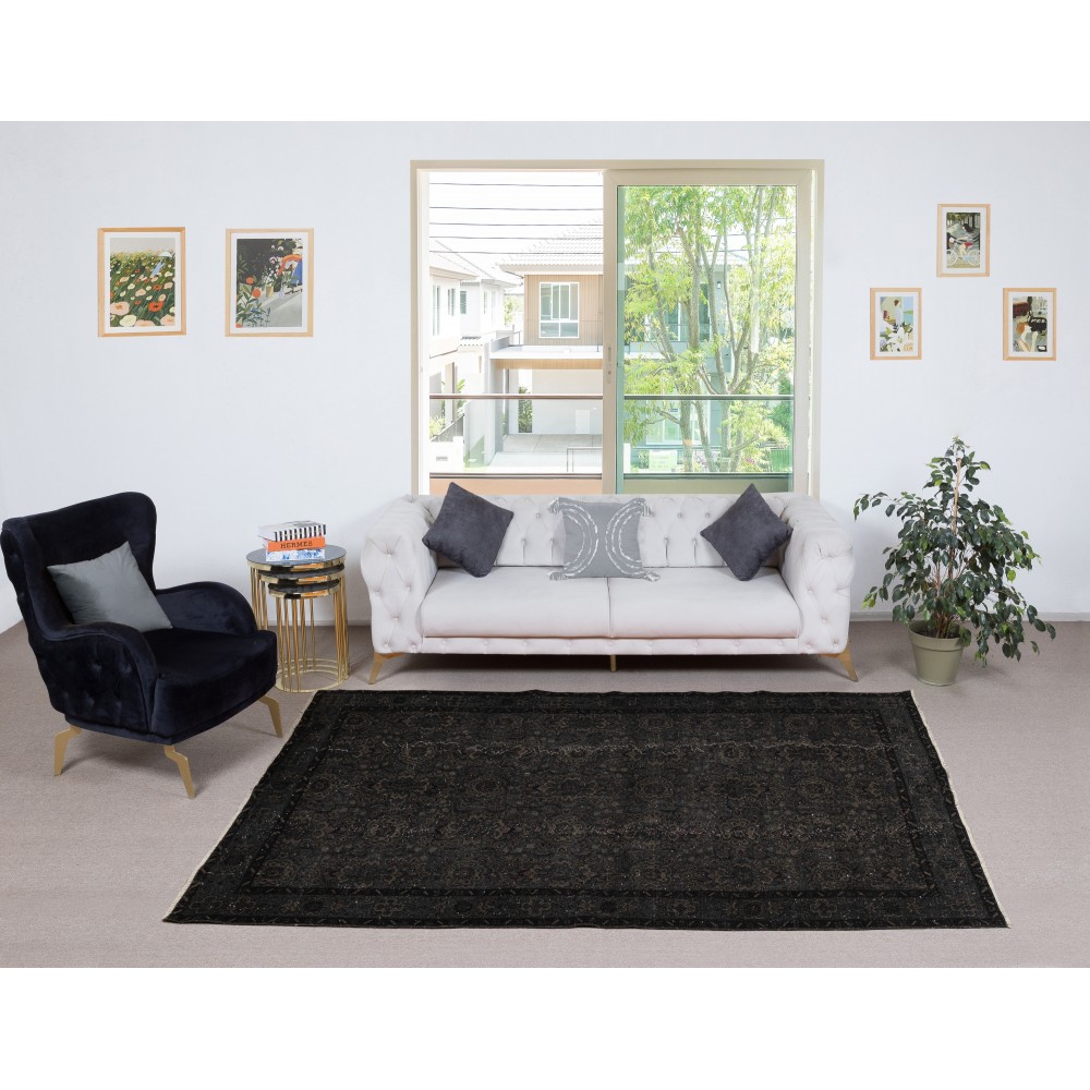 Overdyed Black Wool Rug. Handmade Turkish Vintage Area Rug for Living Room Overdyed Black Wool Rug. Handmade Turkish Vintage Area Rug for Living Room