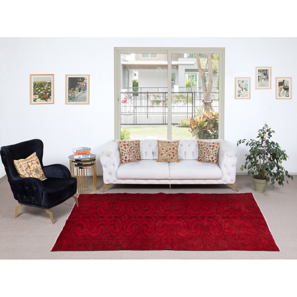 Hand-knotted Vintage Turkish Wool Area Rug Overdyed in Red for Modern Interiors
