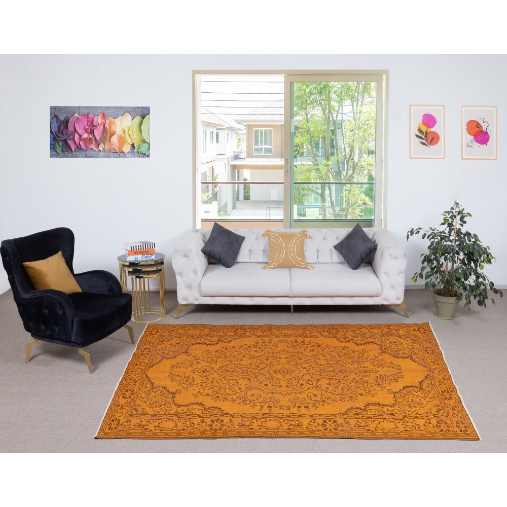 Orange Redyed Vintage Rug for Modern Living Room. Handknotted and Handwoven in Turkey Orange Redyed Vintage Rug for Modern Living Room. Handknotted and Handwoven in Turkey