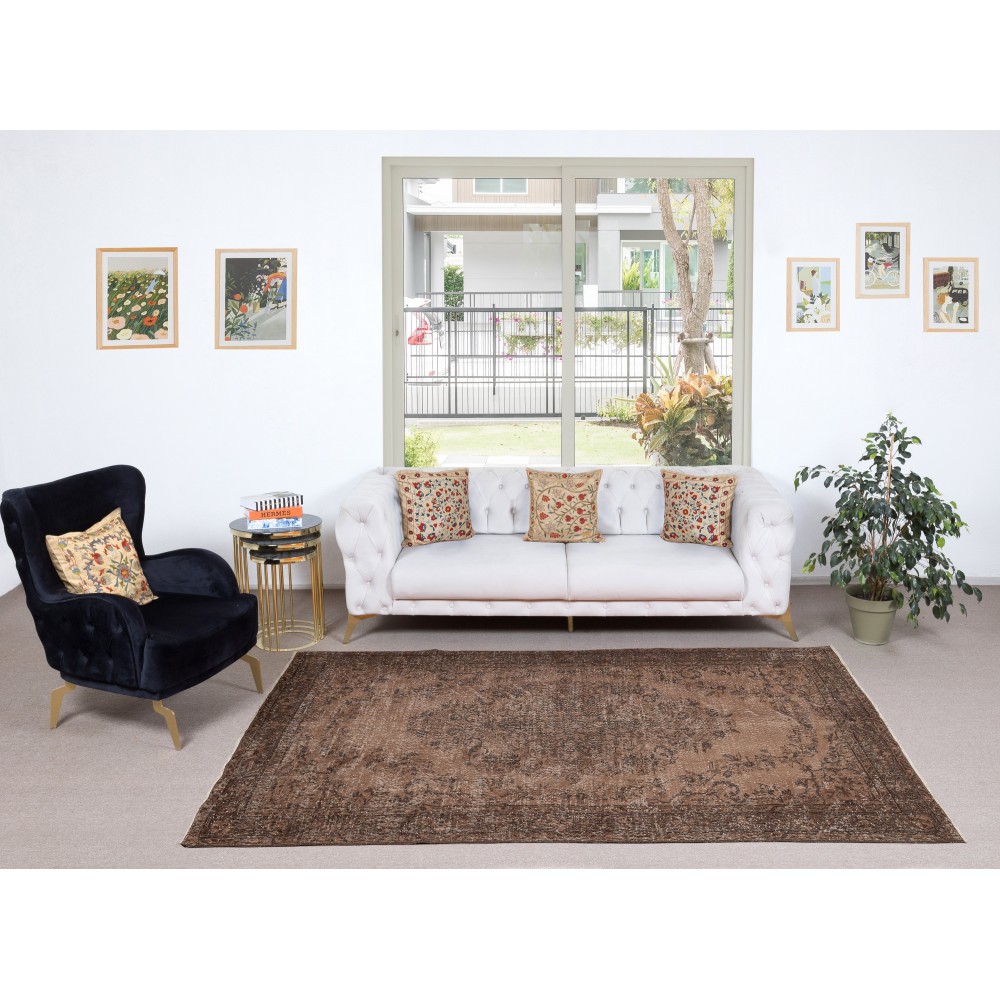 Handmade Turkish Wool Area Rug. Vintage Overdyed Brown Rug for Modern Home