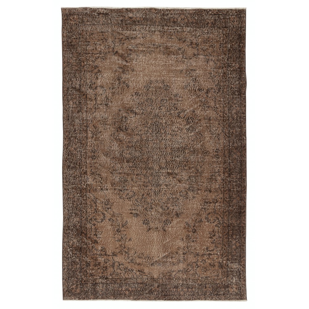 Handmade Turkish Wool Area Rug. Vintage Overdyed Brown Rug for Modern Home