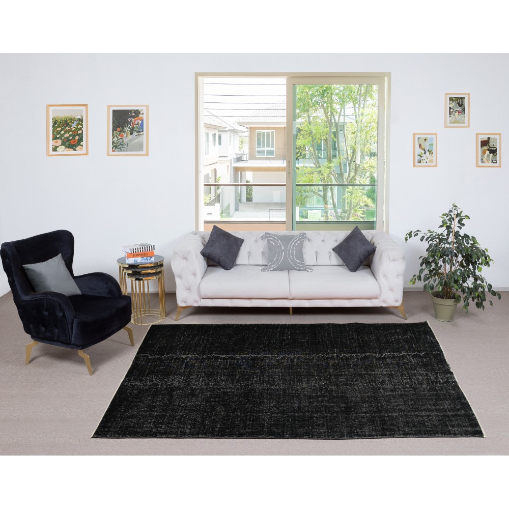 Handmade Turkish Wool Area Rug. Vintage Overdyed Black Rug for Modern Home Handmade Turkish Wool Area Rug. Vintage Overdyed Black Rug for Modern Home