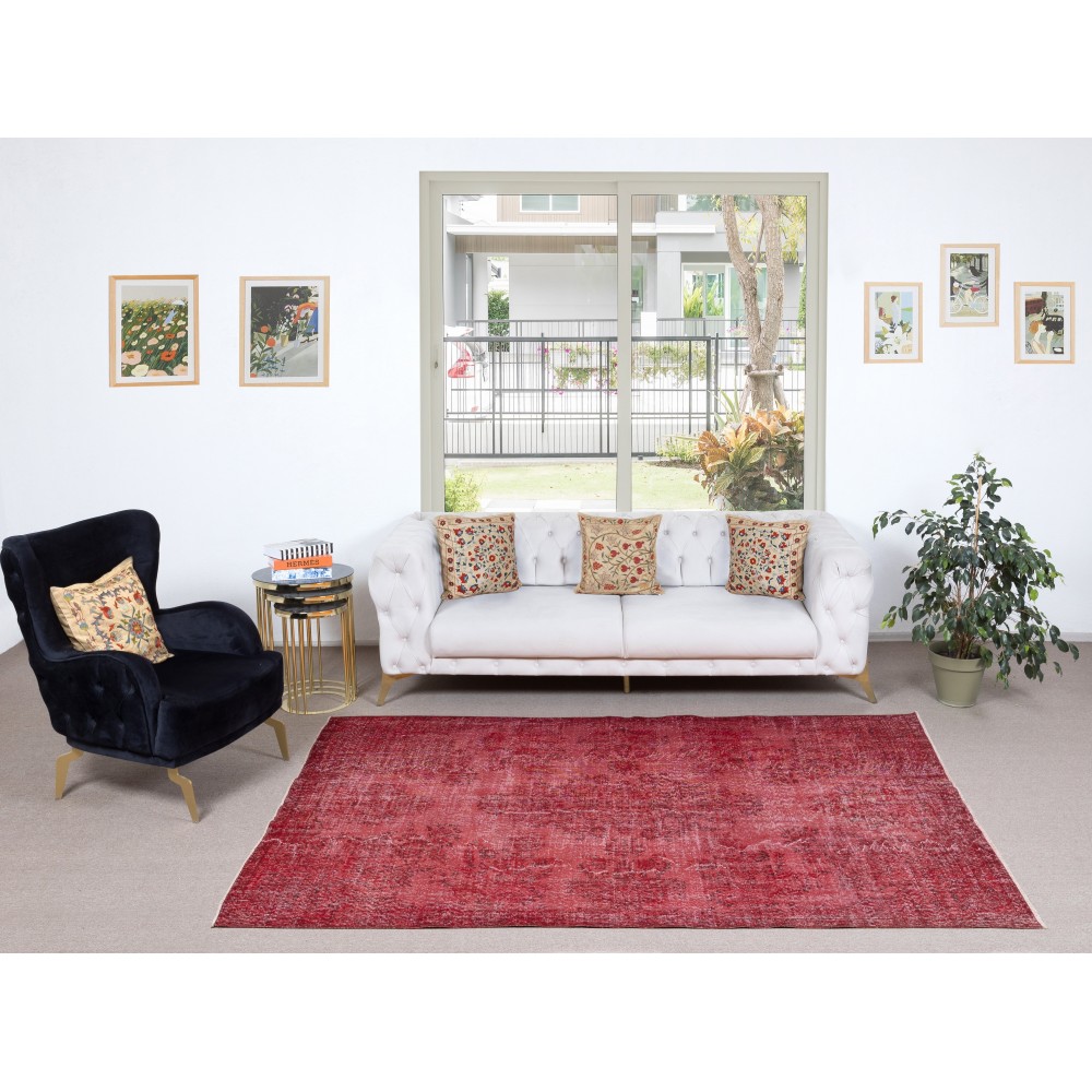 Red Overdyed Vintage Area Rug, Handwoven and Handknotted in Turkey for Contemporary Interiors Red Overdyed Vintage Area Rug, Handwoven and Handknotted in Turkey for Contemporary Interiors