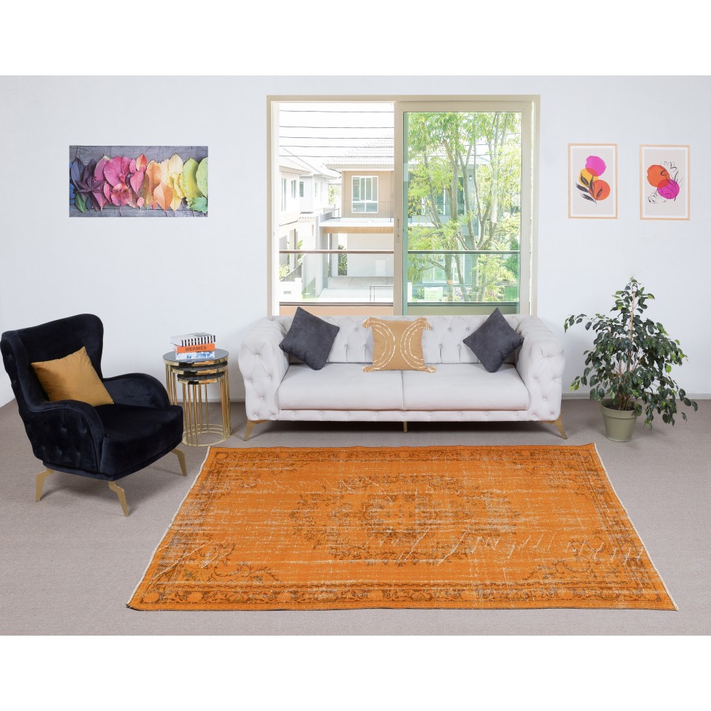 Orange Redyed Vintage Wool Rug for Modern Interiors. Handknotted and Handwoven in Turkey Orange Redyed Vintage Wool Rug for Modern Interiors. Handknotted and Handwoven in Turkey