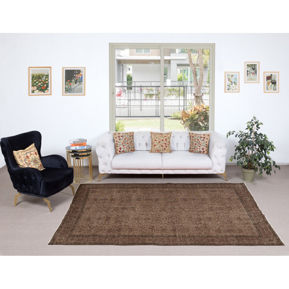 Modern Handmade Turkish Wool Area Rug. Vintage Brown Redyed Carpet for Living Room