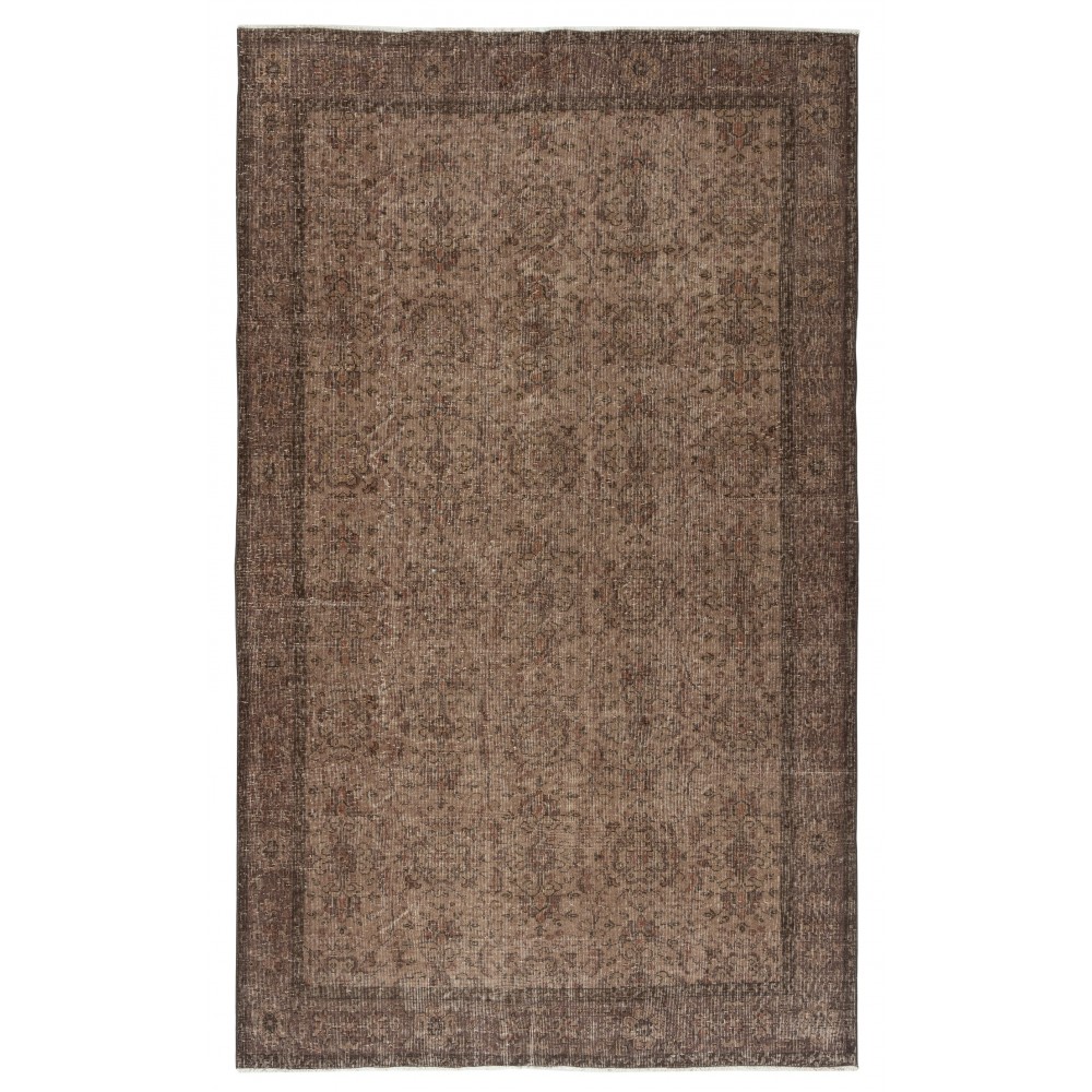 Modern Handmade Turkish Wool Area Rug. Vintage Brown Redyed Carpet for Living Room
