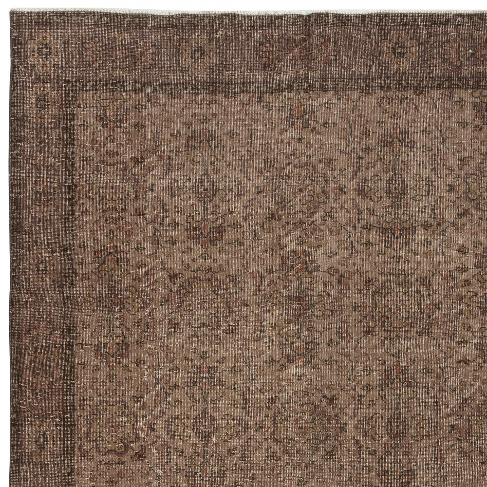 Modern Handmade Turkish Wool Area Rug. Vintage Brown Redyed Carpet for Living Room