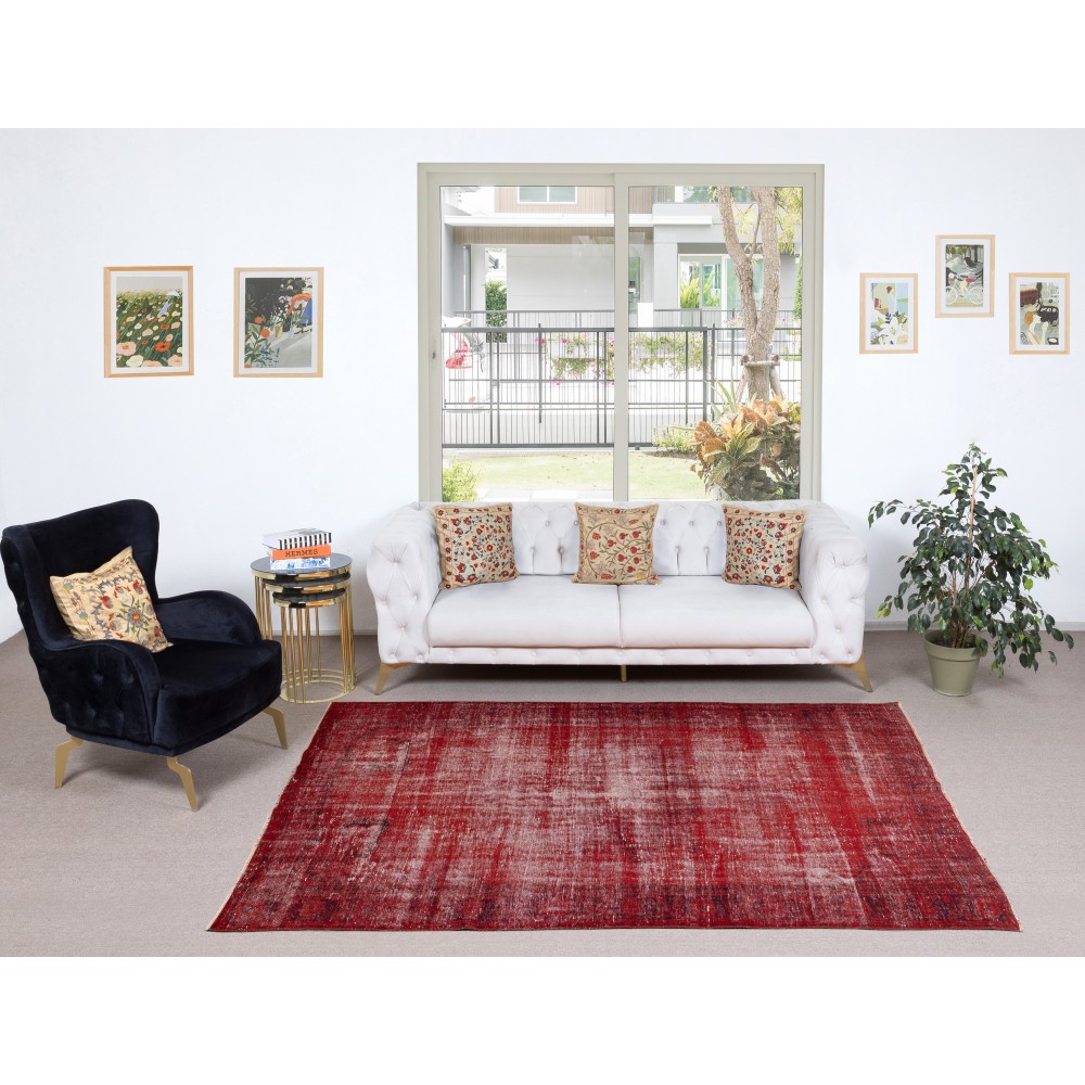 Distressed Vintage Wool Area Rug Overdyed in Red for Contemporary Interiors. Hand-knotted in Turkey Distressed Vintage Wool Area Rug Overdyed in Red for Contemporary Interiors. Hand-knotted in Turkey