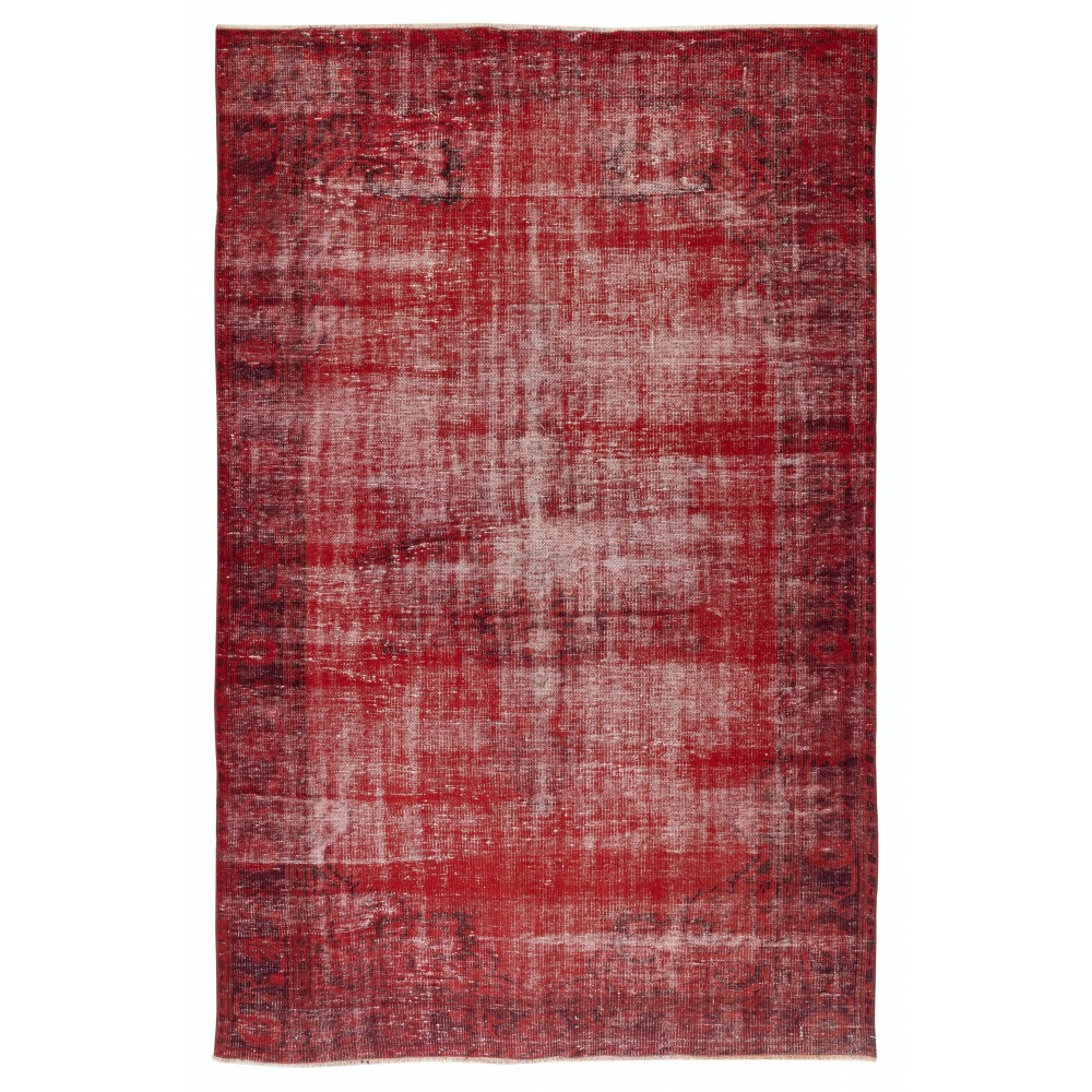 Distressed Vintage Wool Area Rug Overdyed in Red for Contemporary Interiors. Hand-knotted in Turkey Distressed Vintage Wool Area Rug Overdyed in Red for Contemporary Interiors. Hand-knotted in Turkey