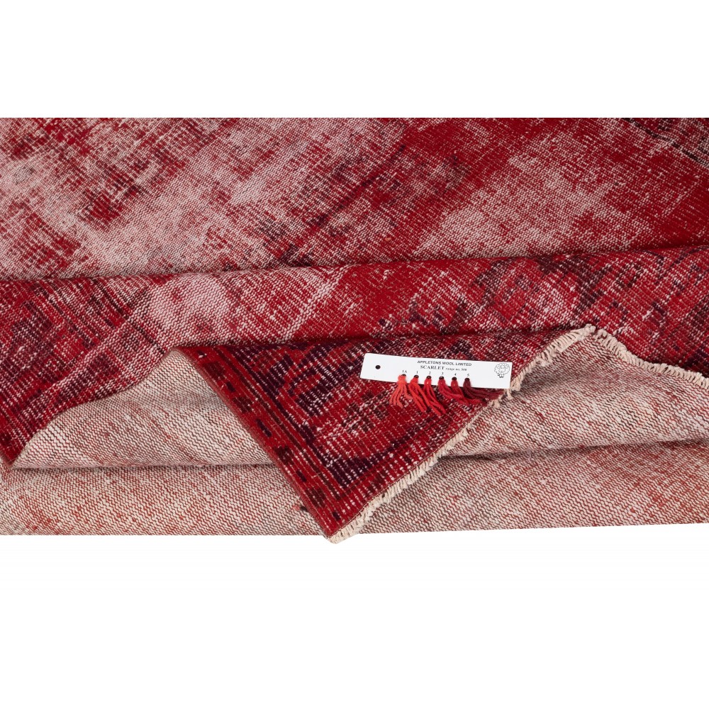Distressed Vintage Wool Area Rug Overdyed in Red for Contemporary Interiors. Hand-knotted in Turkey Distressed Vintage Wool Area Rug Overdyed in Red for Contemporary Interiors. Hand-knotted in Turkey