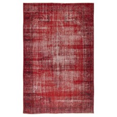 Distressed Vintage Wool Area Rug Overdyed in Red for Contemporary Interiors. Hand-knotted in Turkey