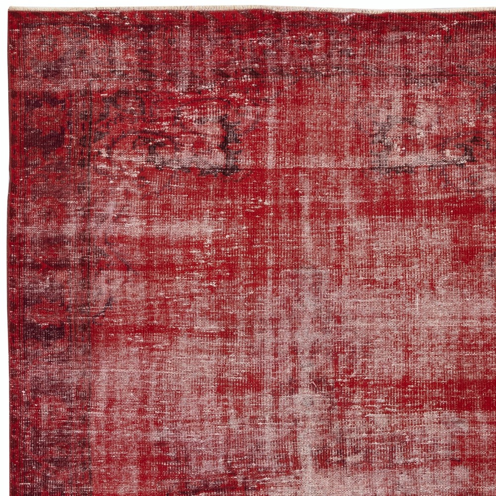 Distressed Vintage Wool Area Rug Overdyed in Red for Contemporary Interiors. Hand-knotted in Turkey Distressed Vintage Wool Area Rug Overdyed in Red for Contemporary Interiors. Hand-knotted in Turkey