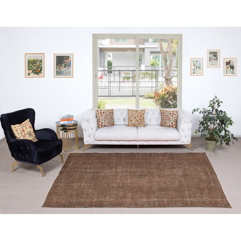 Vintage Brown Wool Area Rug. Handmade Turkish Rug for Contemporary Spaces