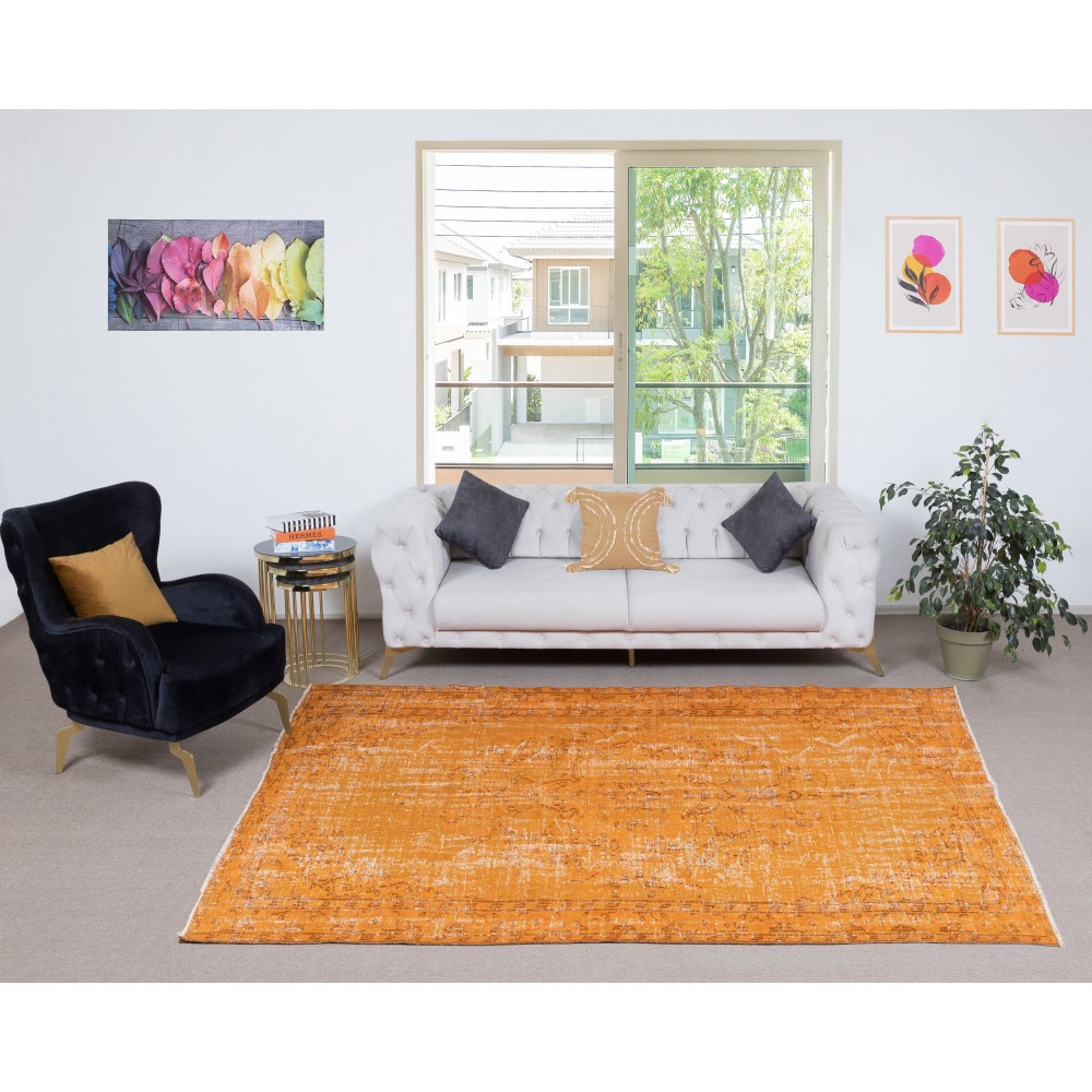 Modern Handmade Turkish Wool Area Rug. Vintage Orange Redyed Carpet for Living Room Modern Handmade Turkish Wool Area Rug. Vintage Orange Redyed Carpet for Living Room