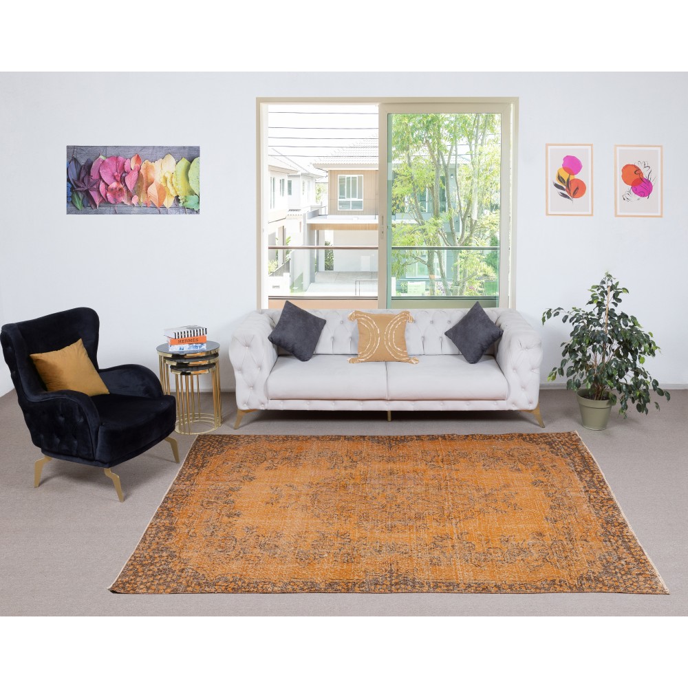 Orange Redyed Vintage Area Rug for Modern Interiors. Handknotted and Handwoven in Turkey Orange Redyed Vintage Area Rug for Modern Interiors. Handknotted and Handwoven in Turkey