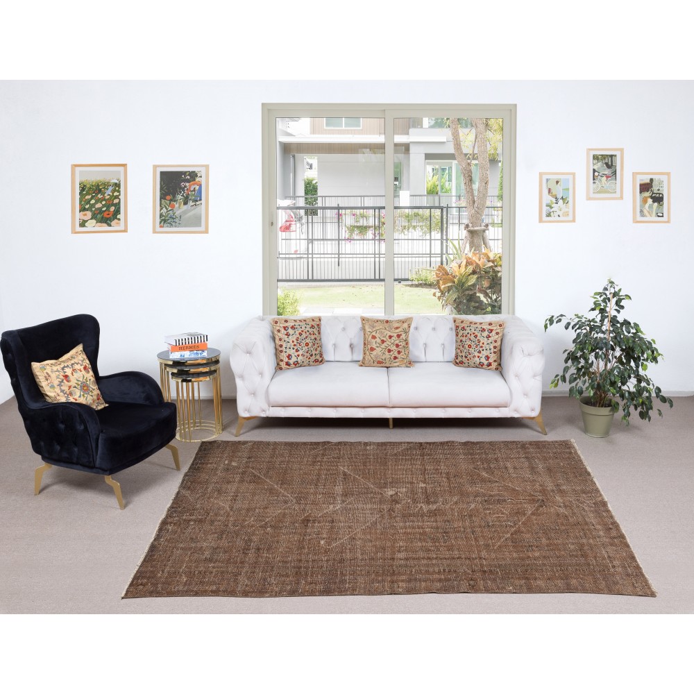Overdyed Brown Wool Rug. Handmade Turkish Vintage Area Rug for Living Room