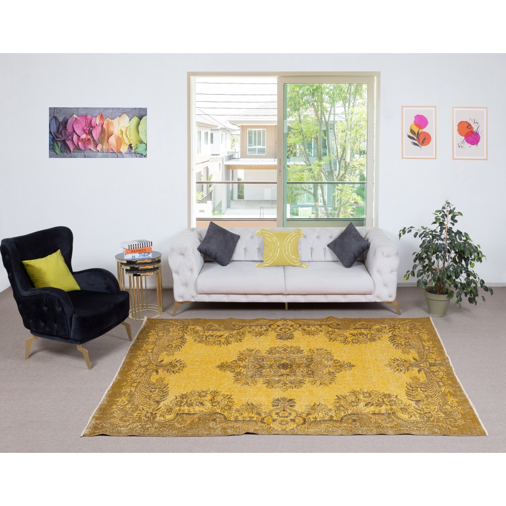 Vintage Handmade Turkish Wool Area Rug Overdyed in Yellow for Modern Interiors Vintage Handmade Turkish Wool Area Rug Overdyed in Yellow for Modern Interiors