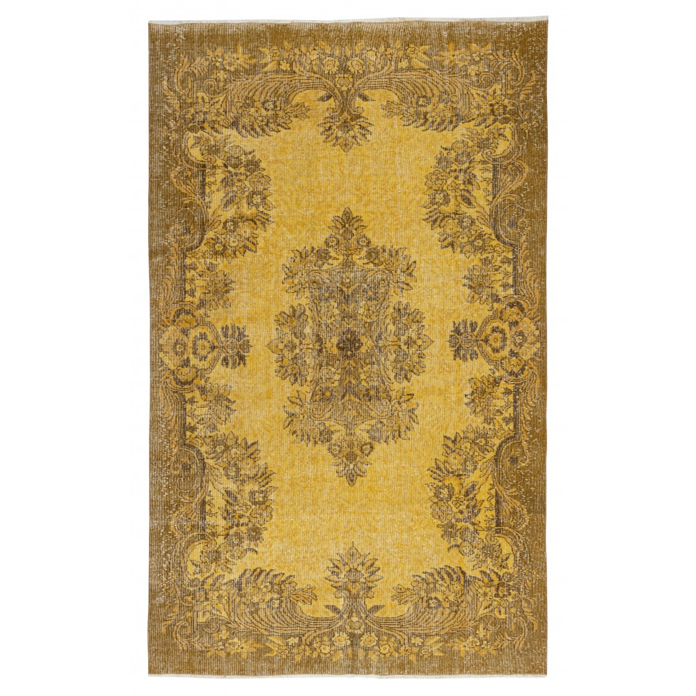 Vintage Handmade Turkish Wool Area Rug Overdyed in Yellow for Modern Interiors Vintage Handmade Turkish Wool Area Rug Overdyed in Yellow for Modern Interiors
