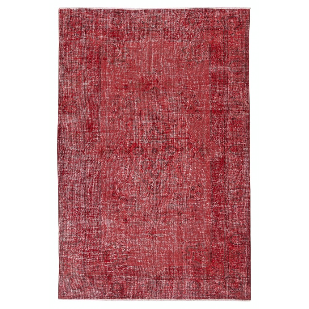 Vintage Handmade Turkish Wool Area Rug Redyed in Red for Modern Interiors