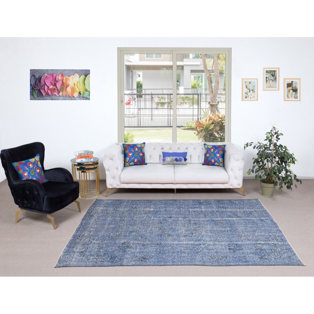 Handmade Turkish Wool Area Rug. Vintage Overdyed Blue Rug for Modern Home Handmade Turkish Wool Area Rug. Vintage Overdyed Blue Rug for Modern Home