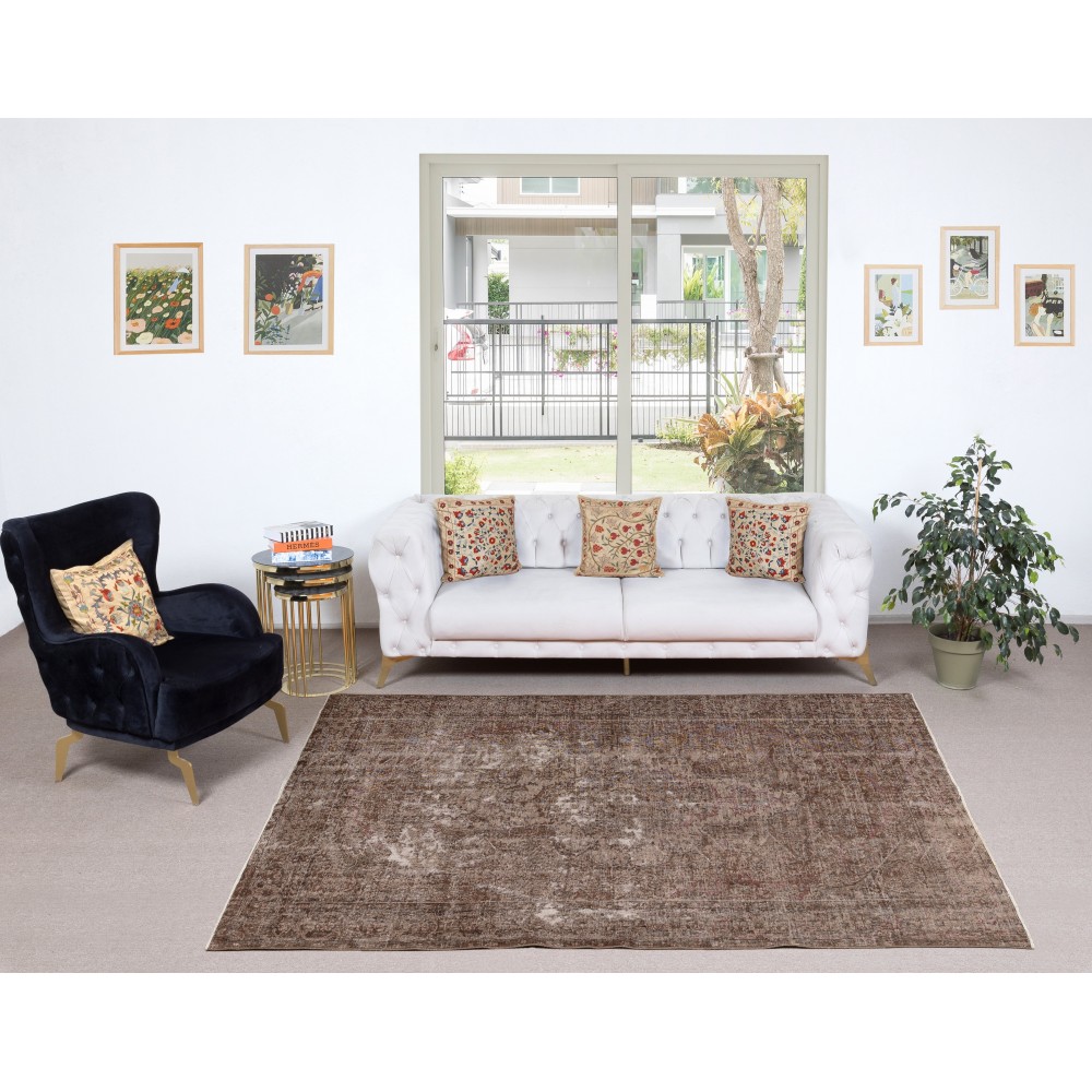 Modern Brown Turkish Rug for Bedroom. Vintage Handmade Wool Area Rug for Living Room