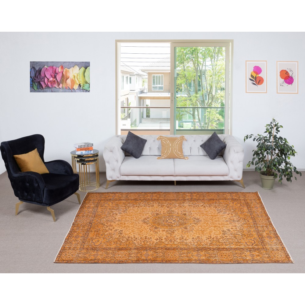 Vintage Handmade Turkish Wool Area Rug Redyed in Orange for Modern Interiors