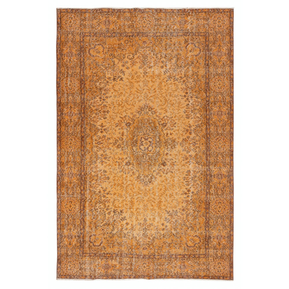 Vintage Handmade Turkish Wool Area Rug Redyed in Orange for Modern Interiors