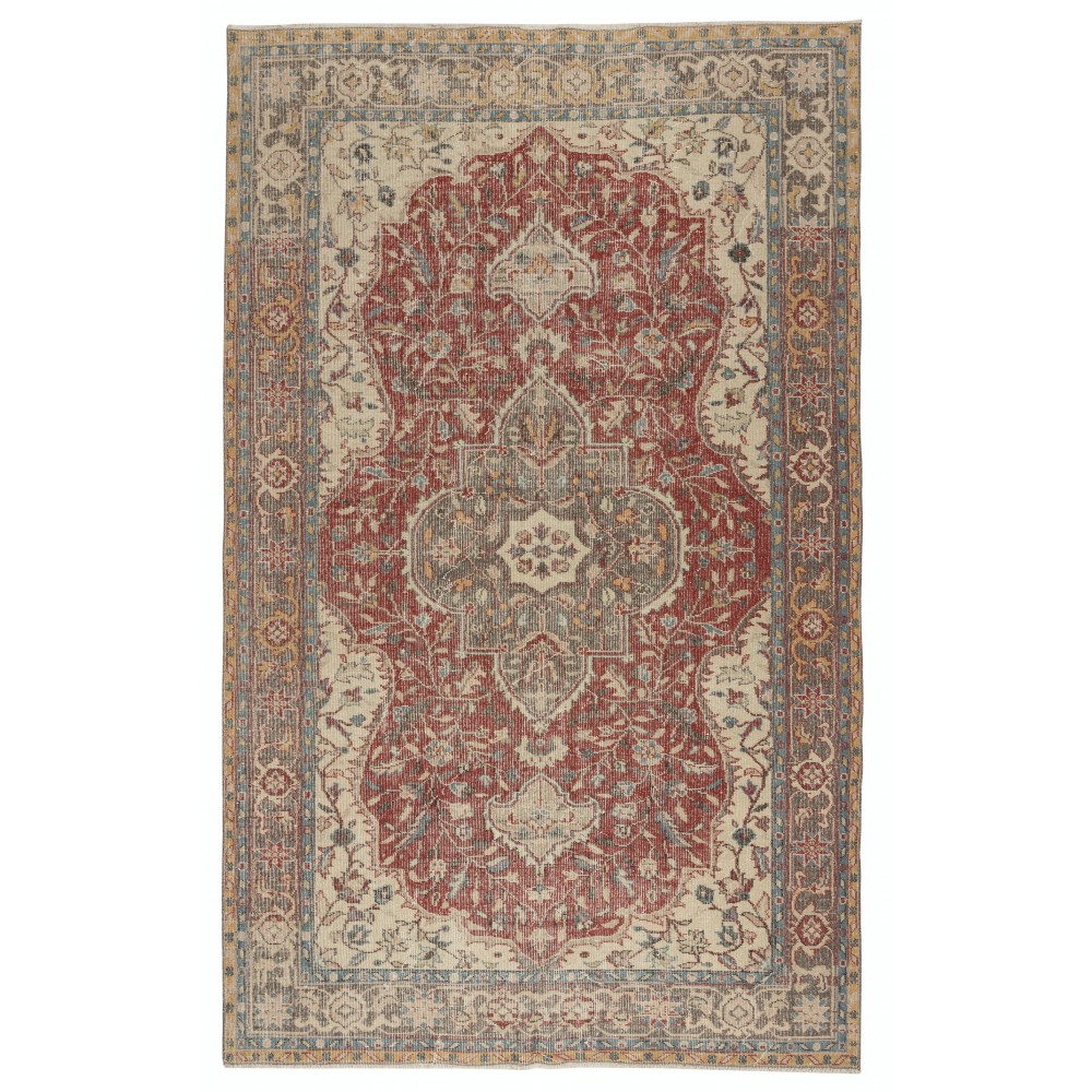 Vintage Turkish Red Area Rug. Hand-knotted Wool Carpet with Medallion Design