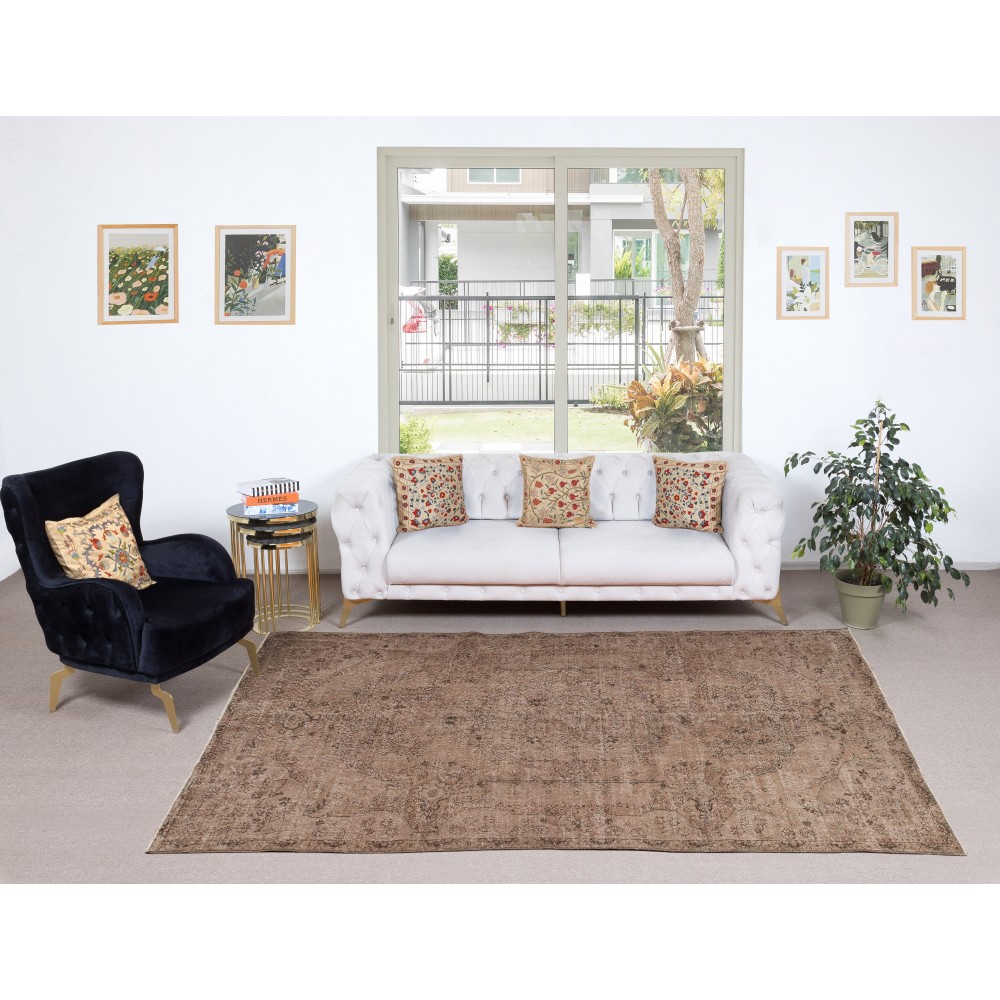 Vintage Wool Area Rug Overdyed in Brown for Modern Interiors. Hand-knotted in Turkey