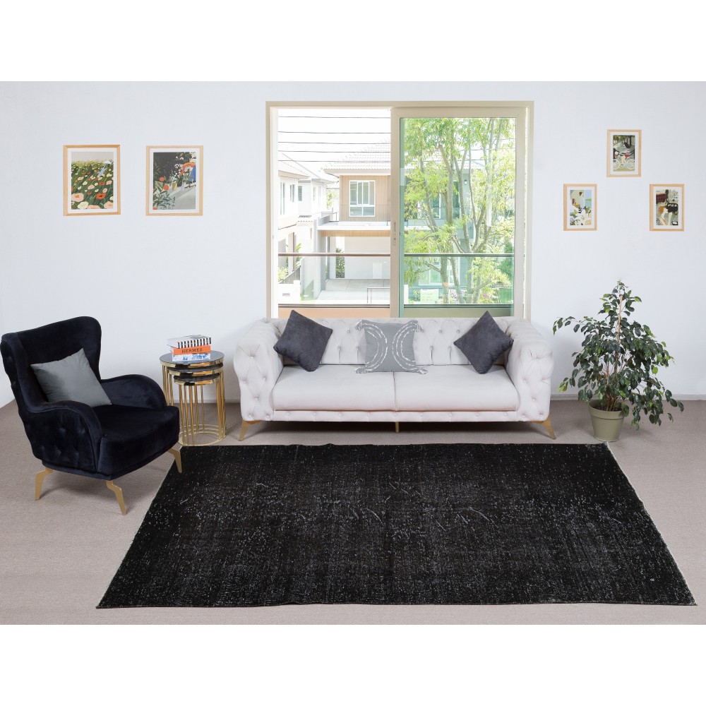 Contemporary Handmade Turkish Wool Area Rug. Vintage Black Redyed Carpet for Living Room Contemporary Handmade Turkish Wool Area Rug. Vintage Black Redyed Carpet for Living Room