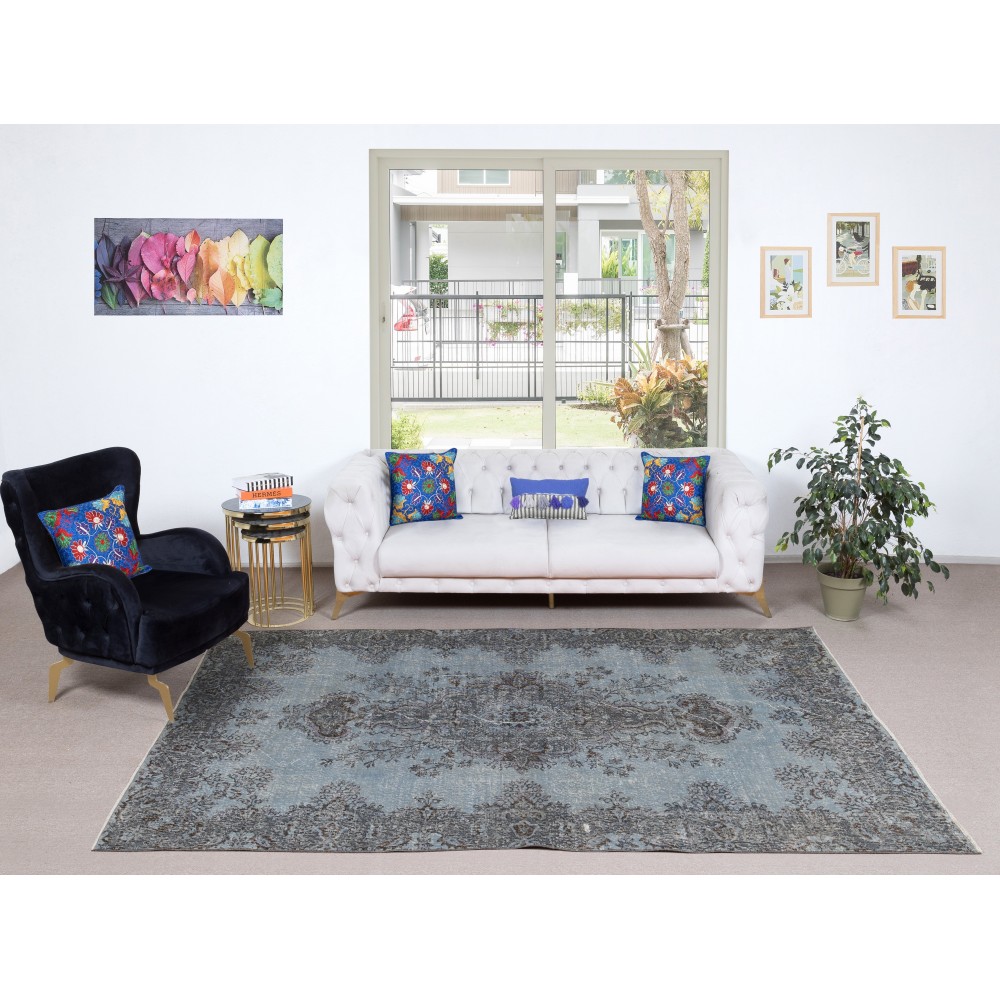 Decorative Vintage Turkish Wool Area Rug Overdyed in Blue. Handmade Contemporary Living Room Rug
