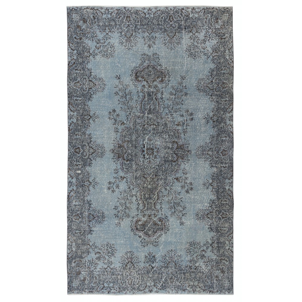 Decorative Vintage Turkish Wool Area Rug Overdyed in Blue. Handmade Contemporary Living Room Rug