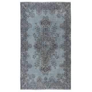 Decorative Vintage Turkish Wool Area Rug Overdyed in Blue. Handmade Contemporary Living Room Rug
