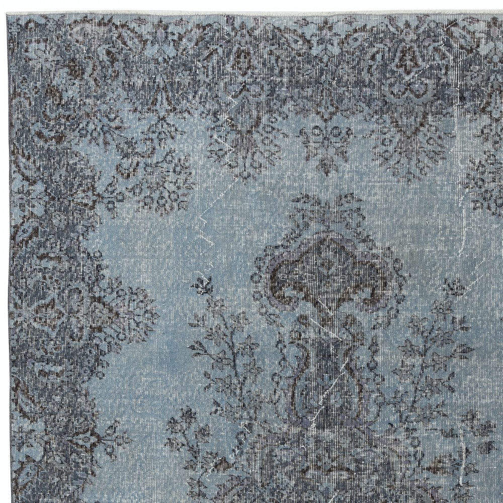 Decorative Vintage Turkish Wool Area Rug Overdyed in Blue. Handmade Contemporary Living Room Rug