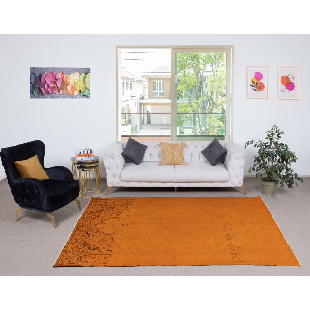 Contemporary Handmade Turkish Wool Area Rug. Vintage Orange Redyed Carpet for Living Room Contemporary Handmade Turkish Wool Area Rug. Vintage Orange Redyed Carpet for Living Room